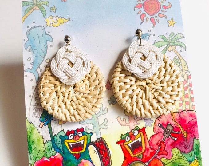 woven rattan earrings, shiny white