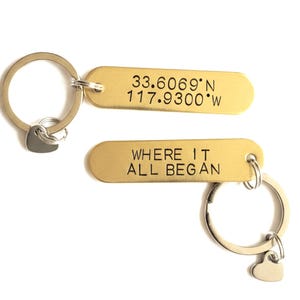 Personalized Coordinates Keychain Custom Handstamped Location Anniversary Gift Brass Keychain for Couples Minimalist Latitude Longitude Gift