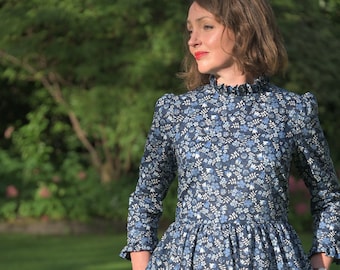 Willow Dress, 3/4 sleeve Dress Liberty of London Print with ruffle cuff and collar