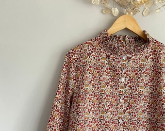 Sundew Blouse - Liberty of London print Long sleeve Ruffle Collar button through front