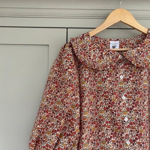 Peter Pan Ruffle Collar button through Teasel Blouse - Liberty of London print 3/4 sleeve shirt with wide collar
