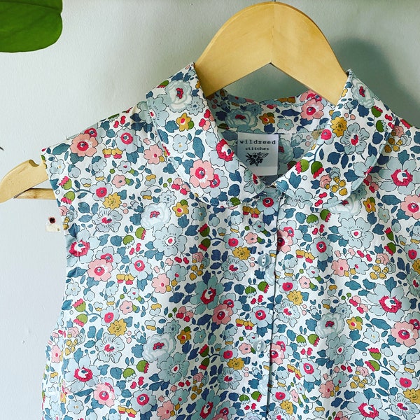 Sleeveless Blouse - Liberty of London print sleeveless with Peter Pan Collar button through front vintage ditsy print shirt