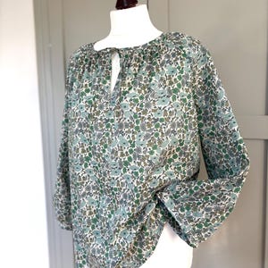 Liberty of London print top with 3/4 sleeves Tie Notch Neck Primrose Blouse - Green floral shirt
