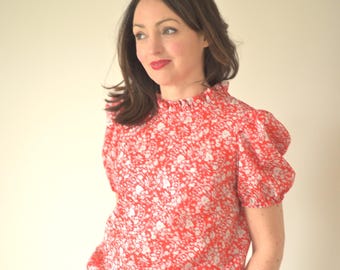 Short sleeve blouse- Liberty of London print cotton lawn with ruffle collar and puff sleeves Poppy blouse