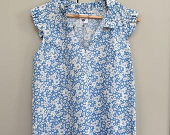 SAMPLE Sleeveless Blouse Ruffle Neck - Liberty of London Print UK size 12- Retro Summer Floral Blouse - Floral Loose Shirt -