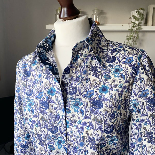 Traditional Blouse - Liberty of London floral print long sleeve with Pointed Collar button down front shirt Laurel blouse - mixed print