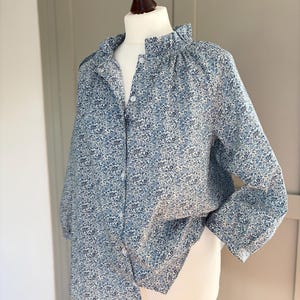 Liberty of London print shirt - 3/4 sleeve Button through with Ruffle Collar - Primrose blouse