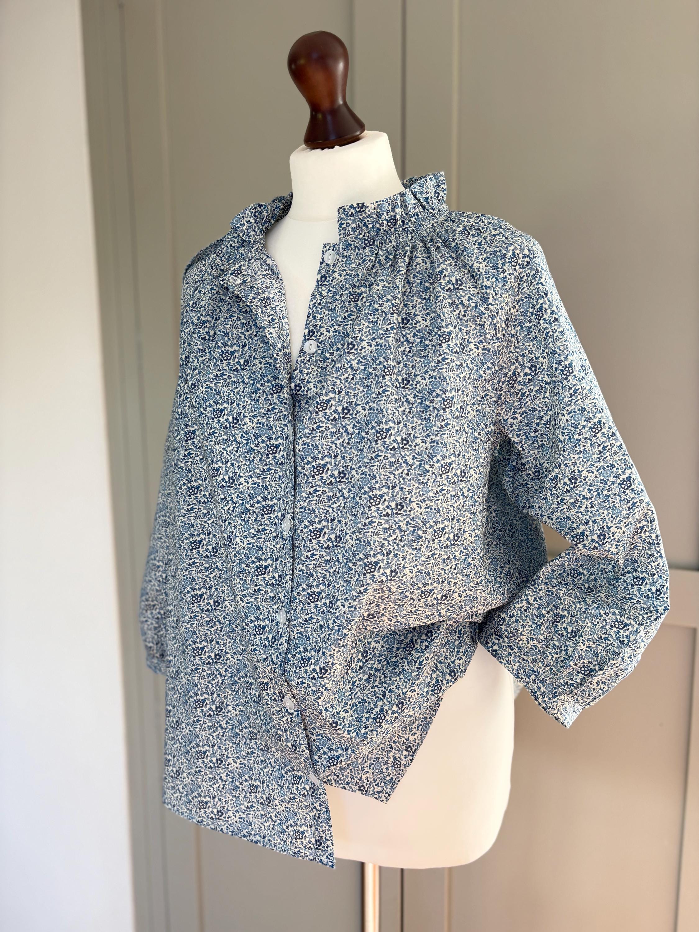 SAMPLE UK Size 10-12 Liberty of London print shirt - 3/4 sleeve Button through with Ruffle Collar - Primrose blouse