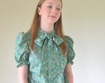 Tie Neck Nettle Blouse - Liberty of London print short sleeve with Peter Pan Collar button through front and detachable bow