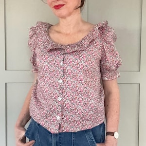 Summer Floral Blouse - Botanical Blouse - Ruffle scoop neck Floral Blouse - Floral Loose Shirt - Liberty of London Print Blouse