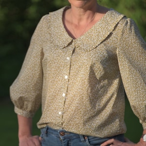 Pretty Ditsy floral shirt - open neck blouse - Liberty of London print 3/4 sleeve Peter Pan Ruffle Collar button through - Cornflower