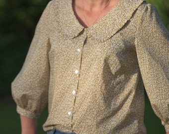 Cornflower Blouse - Liberty of London print 3/4 sleeve with wide Peter Pan Ruffle Collar button through front