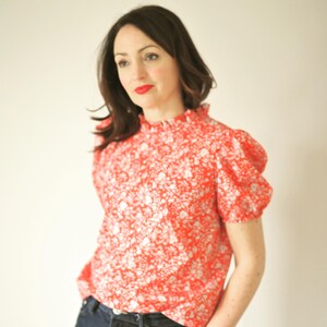 Liberty London Blouse- short Sleeved Ruffle Collar Cotton Lawn Top- Poppy Blouse