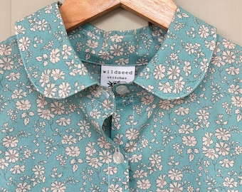 SAMPLE Sleeveless Blouse - Liberty of London print sleeveless with Peter Pan Collar button through ditsy print shirt uk 10