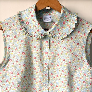 Sleeveless Blouse - Liberty of London print sleeveless with Peter Pan Collar with frill button through front vintage ditsy print shirt