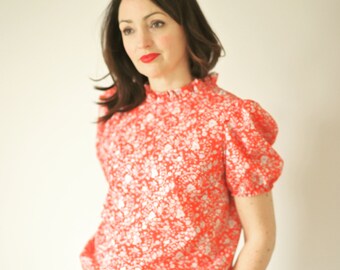 Poppy Blouse- Liberty of London Floral print Ruffle Collar with puff sleeves/ Women's Ditsy print Spring Shirt