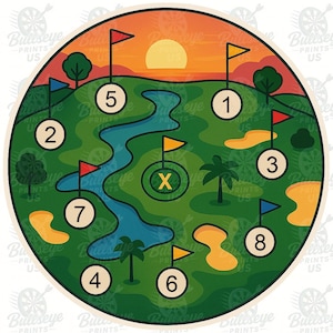 May include: Circular illustration of a golf course layout with numbered holes, flags, water features, and sand traps. The design features a sunset backdrop and the text "Bullseye Prints US".