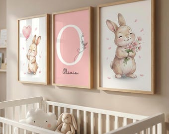 Láminas personalizadas de conejito para guardería / Láminas de acuarela para decoración de bebé niña (descarga digital)
