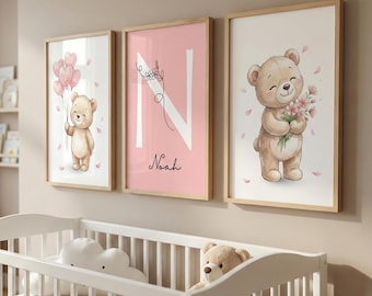 Arte de pared para guardería de osito de peluche rosa, decoración de pared para habitación de niña