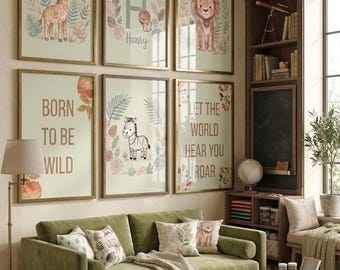 Conjunto de láminas decorativas para la habitación infantil con temática de safari / Animales de la selva, frases para bebés (descarga digital)