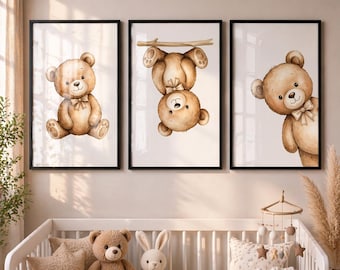 Decoración de pared infantil con ositos de peluche / Láminas bohemias neutras para la habitación del bebé / Regalo para recién nacido