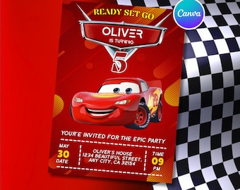 Invitación de cumpleaños de Cars para niños, plantilla de folleto imprimible de Rayo McQueen (descarga digital)