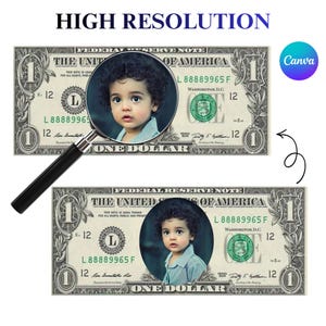 K&ouml;nnte beinhalten: Ein individuelles Ein-Dollar-Schein-Design mit einem kreisf&ouml;rmigen Portr&auml;t eines kleinen Kindes mit lockigem dunklem Haar, das ein hellblaues Hemd mit Kragen tr&auml;gt. Eine Lupe mit schwarzem Griff liegt auf dem oberen Schein, das Canva-Logo ist sichtbar.