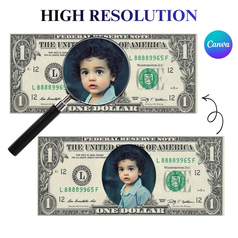 K&ouml;nnte beinhalten: Ein individuelles Ein-Dollar-Schein-Design mit einem kreisf&ouml;rmigen Portr&auml;t eines kleinen Kindes mit lockigem dunklem Haar, das ein hellblaues Hemd mit Kragen tr&auml;gt. Eine Lupe mit schwarzem Griff liegt auf dem oberen Schein, das Canva-Logo ist sichtbar.