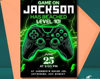 Invitación a fiesta de videojuegos, Green Gamer Level Up (Plantilla de Canva)