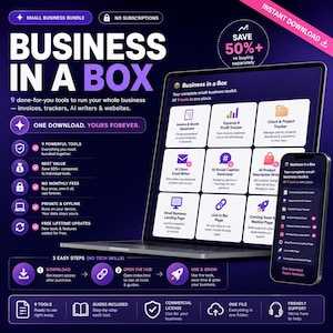 May include: A digital product bundle titled Business in a Box displayed on a laptop and smartphone screen. The interface features nine business tools including an invoice generator, expense tracker, and AI writers. The graphic includes text about instant download, lifetime access, and no monthly fees, set against a dark purple background.