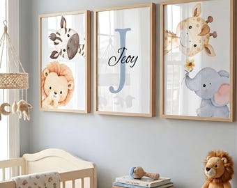 Conjunto de láminas decorativas para habitación infantil con motivos de safari / Láminas personalizadas de león, jirafa y elefante (descarga digital)