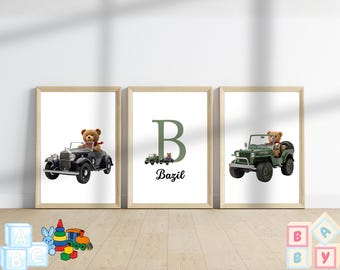 Conjunto de arte infantil personalizado con diseño de Jeep y osito de peluche, lámina vintage con el nombre del bebé (descarga digital).
