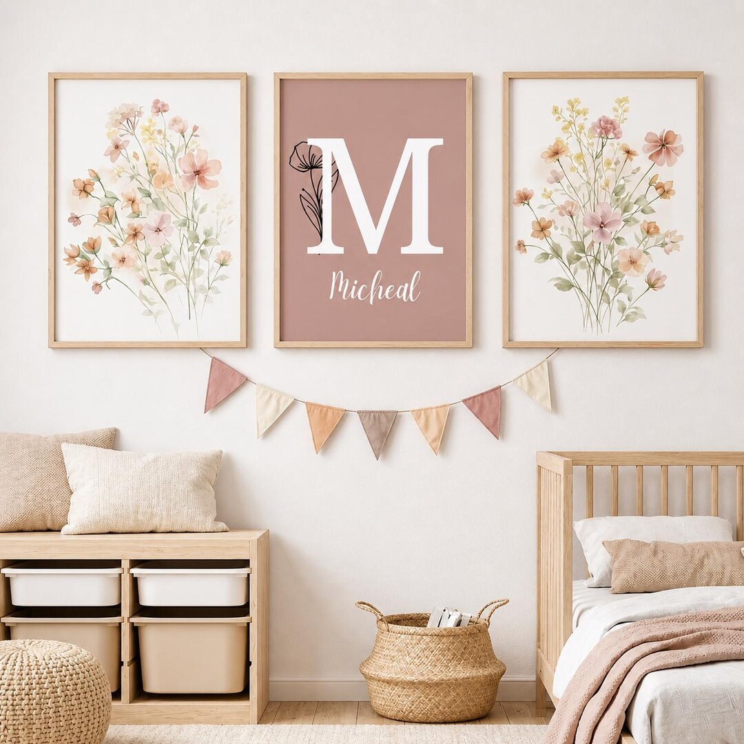 Custom Floral Nursery Wall Art| Personalized Baby Name, Initial Digital ...
