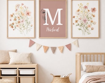 Arte de pared floral personalizado para guardería/Nombre de bebé personalizado, descarga digital inicial