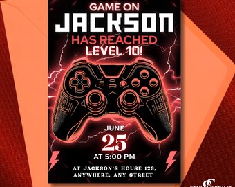 Invitación de cumpleaños con temática de videojuegos en neón rojo: Fiesta gamer editable (Descarga digital)