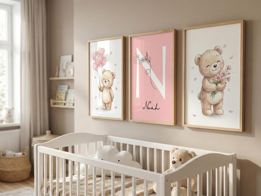 Teddy Bear Nursery Wall Art Pink Girl Room Wall Decor - Etsy