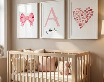 Láminas personalizadas para habitación de bebé niña / Lazo de acuarela, inicial del nombre (descarga digital, juego de 3)