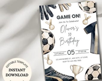 Invitación de cumpleaños con temática de fútbol, plantilla imprimible editable de Canva (descarga digital)