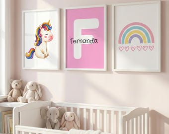 Lámina personalizada con nombre de unicornio y arcoíris / Decoración para la habitación de bebé niña (Descarga digital)
