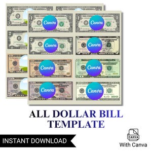 K&ouml;nnte beinhalten: Ein digitales Vorlagenblatt mit verschiedenen US-Dollar-Banknoten, darunter Ein-, Zwei-, F&uuml;nf-, Zehn-, Zwanzig- und Hundert-Dollar-Scheine. Jeder Schein ist mit einem kreisf&ouml;rmigen blau-violetten Canva-Logo versehen. Der Text lautet ALL DOLLAR BILL TEMPLATE.