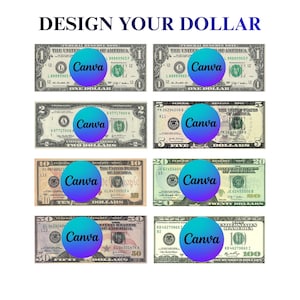 K&ouml;nnte beinhalten: Eine Sammlung von acht US-Banknoten in den St&uuml;ckelungen eins, zwei, f&uuml;nf, zehn, zwanzig, f&uuml;nfzig und einhundert Dollar. Jeder Schein ist mit einem kreisf&ouml;rmigen blau-violetten Verlaufsaufkleber mit dem schwarzen Text Canva &uuml;berlagert.