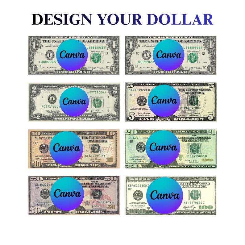 K&ouml;nnte beinhalten: Eine Sammlung von acht US-Banknoten in den St&uuml;ckelungen eins, zwei, f&uuml;nf, zehn, zwanzig, f&uuml;nfzig und einhundert Dollar. Jeder Schein ist mit einem kreisf&ouml;rmigen blau-violetten Verlaufsaufkleber mit dem schwarzen Text Canva &uuml;berlagert.