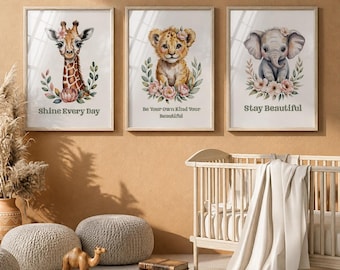 Láminas decorativas infantiles de estilo bohemio safari: animales en acuarela (descarga digital)