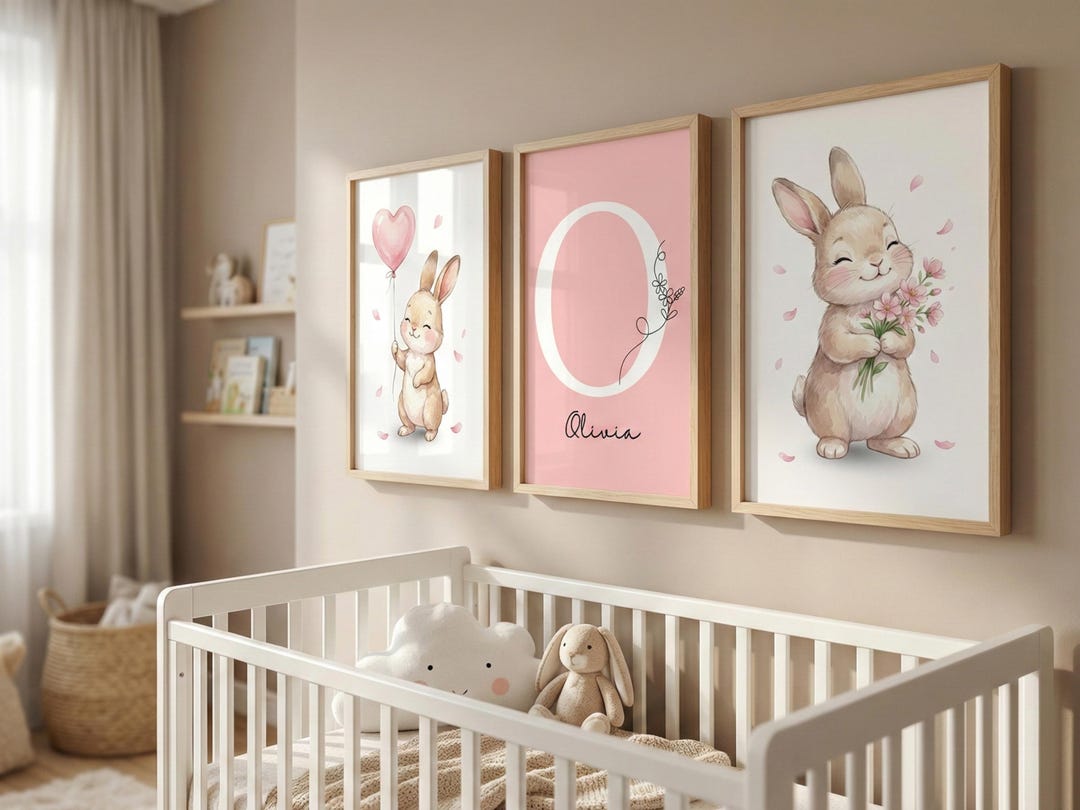 Personalized Bunny Nursery Art | Watercolor Rabbit Prints, Baby Girl ...