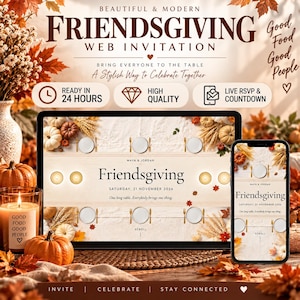 Op de afbeelding: Een digitale Friendsgiving web-uitnodiging op een tablet- en smartphonescherm, met een tafelsetting, pompoenen, herfstbladeren en de tekst Maya & Jordan, Friendsgiving, Saturday, 21 November 2026, en One long table.
