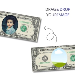 K&ouml;nnte beinhalten: Zwei Ein-Dollar-Scheine der Vereinigten Staaten mit einem kreisf&ouml;rmigen Ausschnitt f&uuml;r ein individuelles Foto. Der obere Schein zeigt das Portr&auml;t eines Kindes mit lockigem Haar in einem blauen Hemd. Der untere Schein zeigt ein Platzhalter-Symbol.