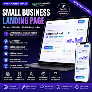 May include: A digital one-page website template for small businesses, displayed on a laptop and smartphone screen. The design features a dark purple background with white text, showcasing sections for services, testimonials, and contact forms.