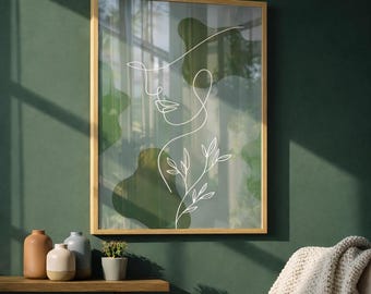 Impresión de arte lineal abstracto verde salvia / Decoración de pared botánica minimalista / Descarga digital moderna