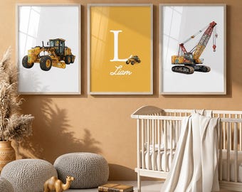 Conjunto de decoración de pared para habitación infantil con temática de construcción, lámina personalizada con el nombre del bebé y decoración de camión grúa (descarga digital).