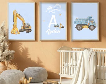 Set de arte infantil con temática de construcción: camión excavadora, decoración para la habitación de un niño (descarga digital).